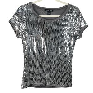 August Silk Knits Gray Silver Sequin Short Sleeve Women’s Top Size Medium
